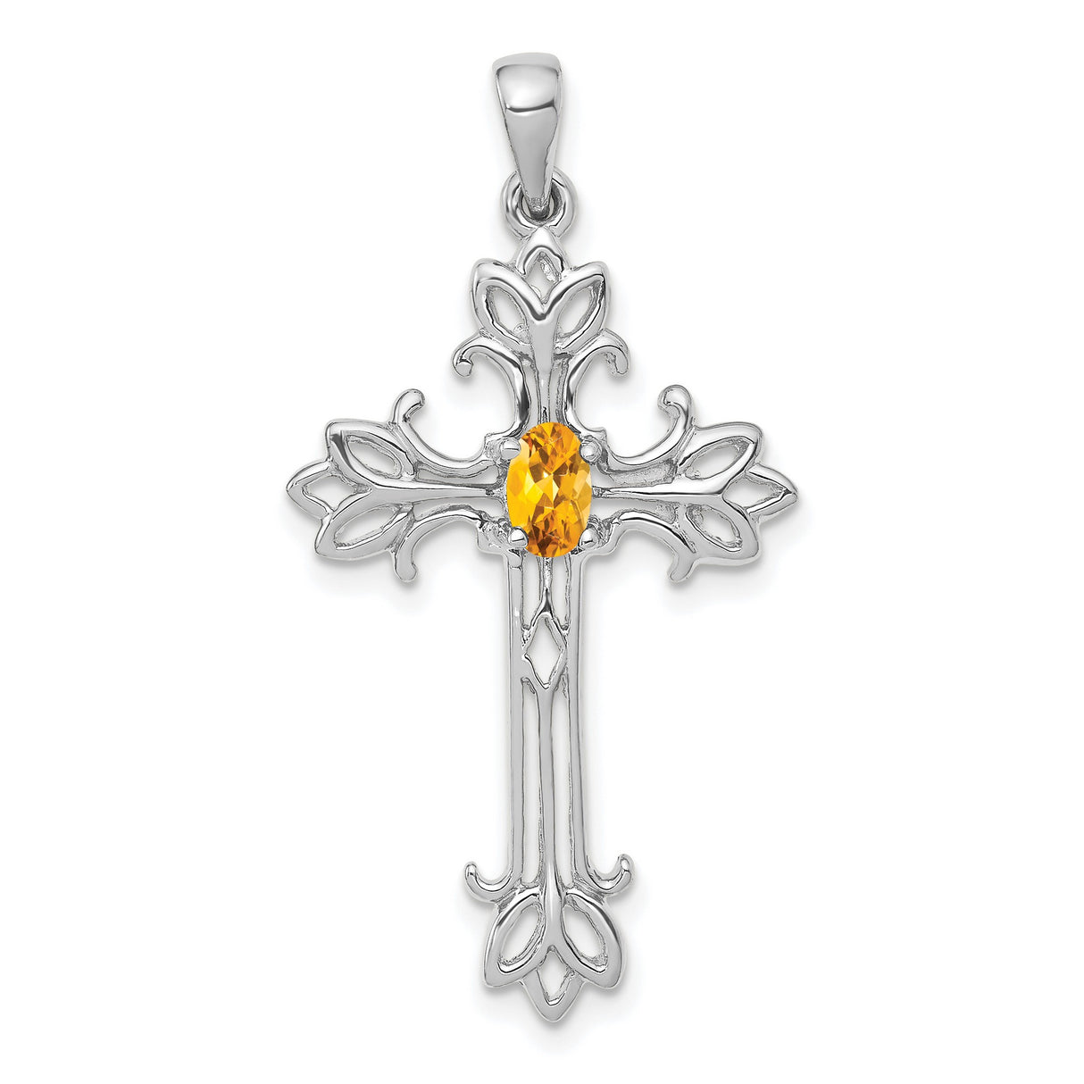 14k White Gold Cross Pendant with Citrine, Filigree Floral Design, Christian Jewelry for Women