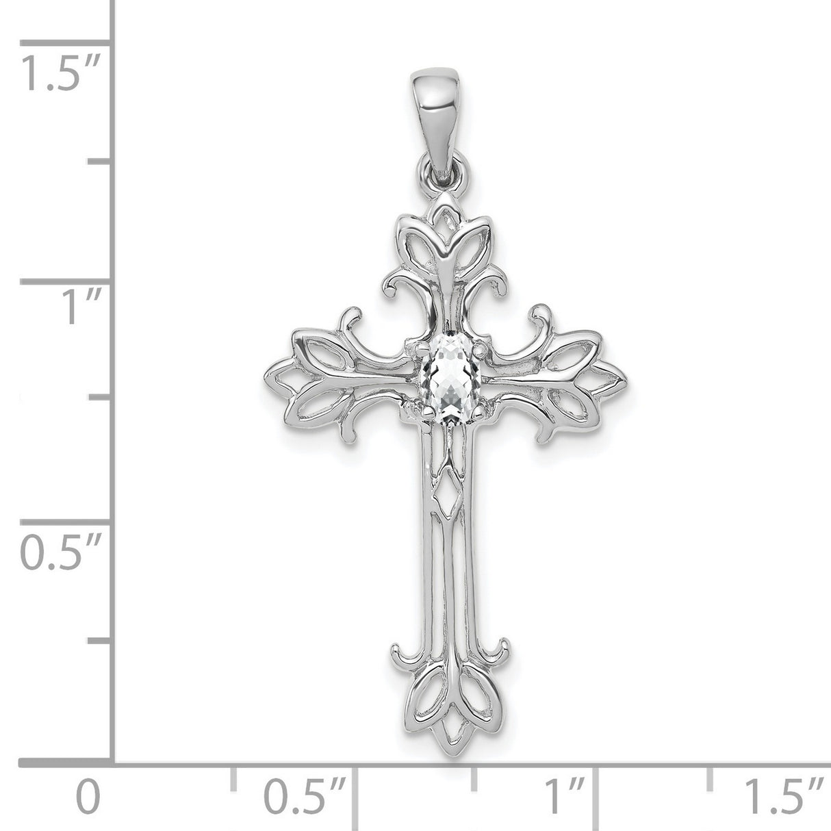 14k White Gold Cross Pendant with Clear Cubic Zirconia and Filigree Design for Women
