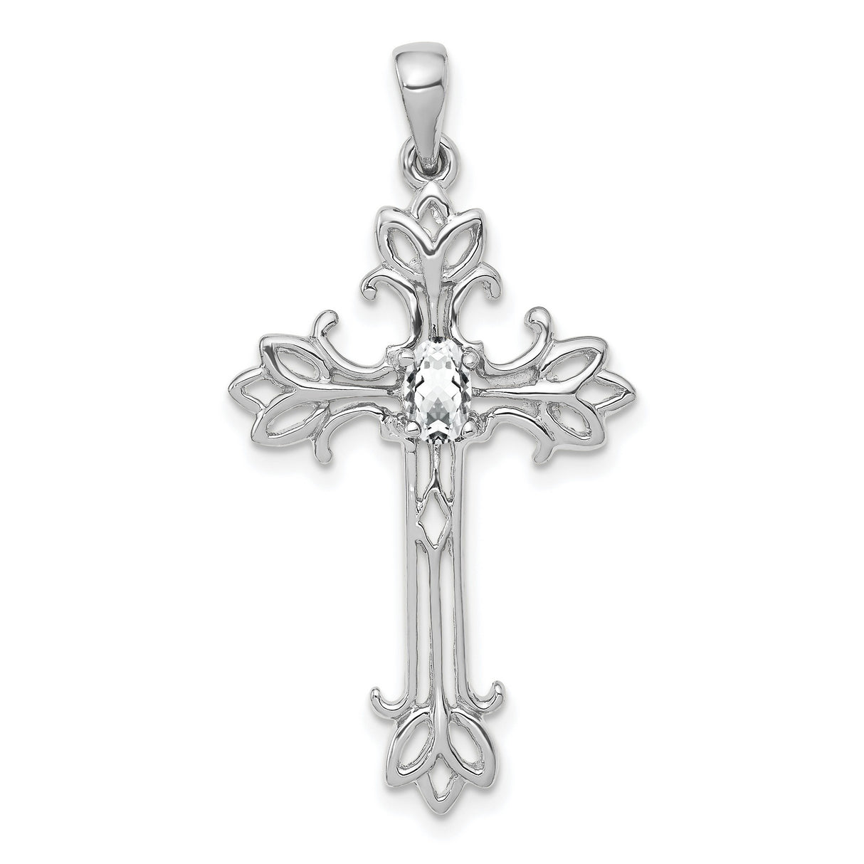 14k White Gold Cross Pendant with Clear Cubic Zirconia and Filigree Design for Women