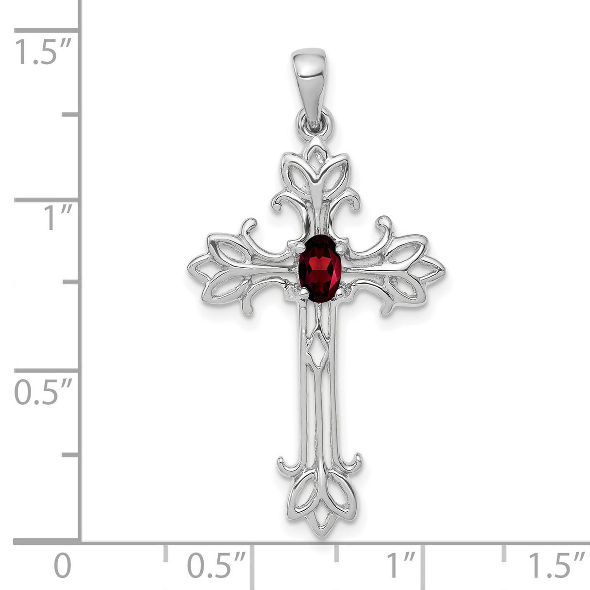 14k White Gold Cross Pendant with Garnet, Filigree Christian Jewelry for Women