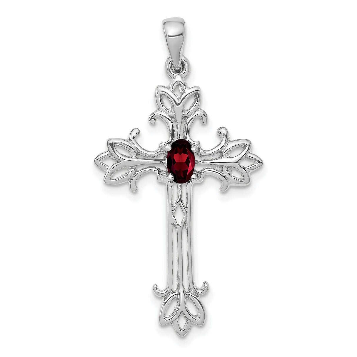 14k White Gold Cross Pendant with Garnet, Filigree Christian Jewelry for Women