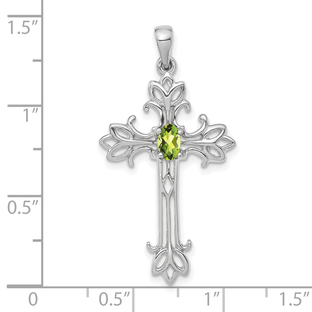 14k White Gold Cross Pendant with Peridot, Ornate Filigree Christian Jewelry for Women