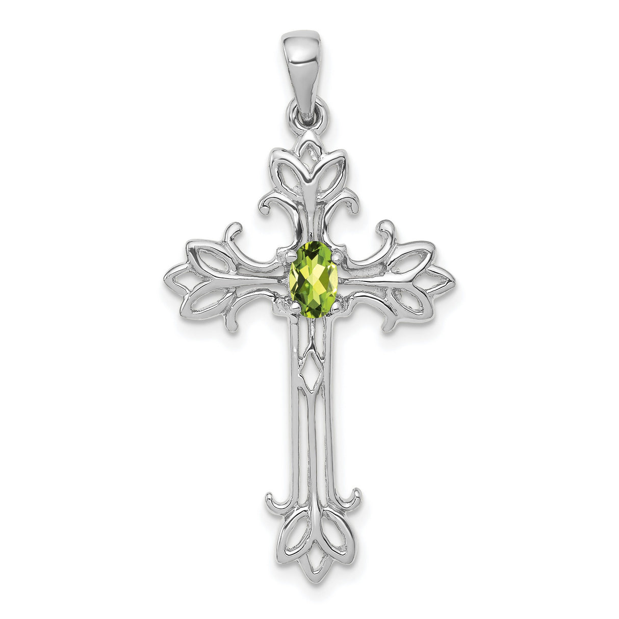 14k White Gold Cross Pendant with Peridot, Ornate Filigree Christian Jewelry for Women