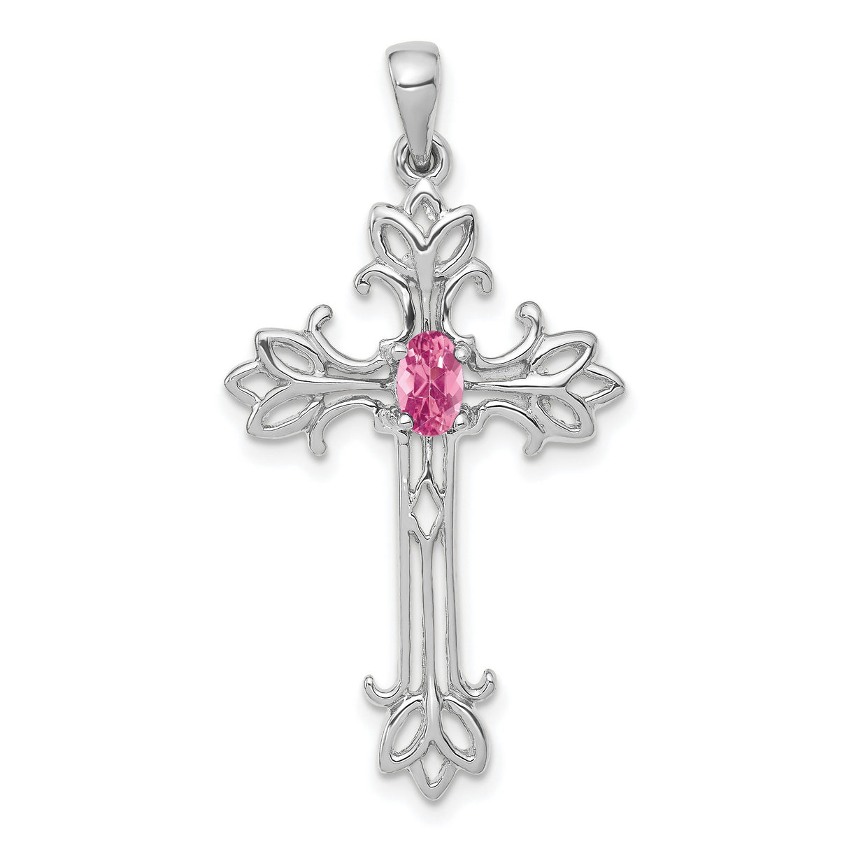 14k White Gold Cross Pendant with Pink Tourmaline, Filigree Religious Design