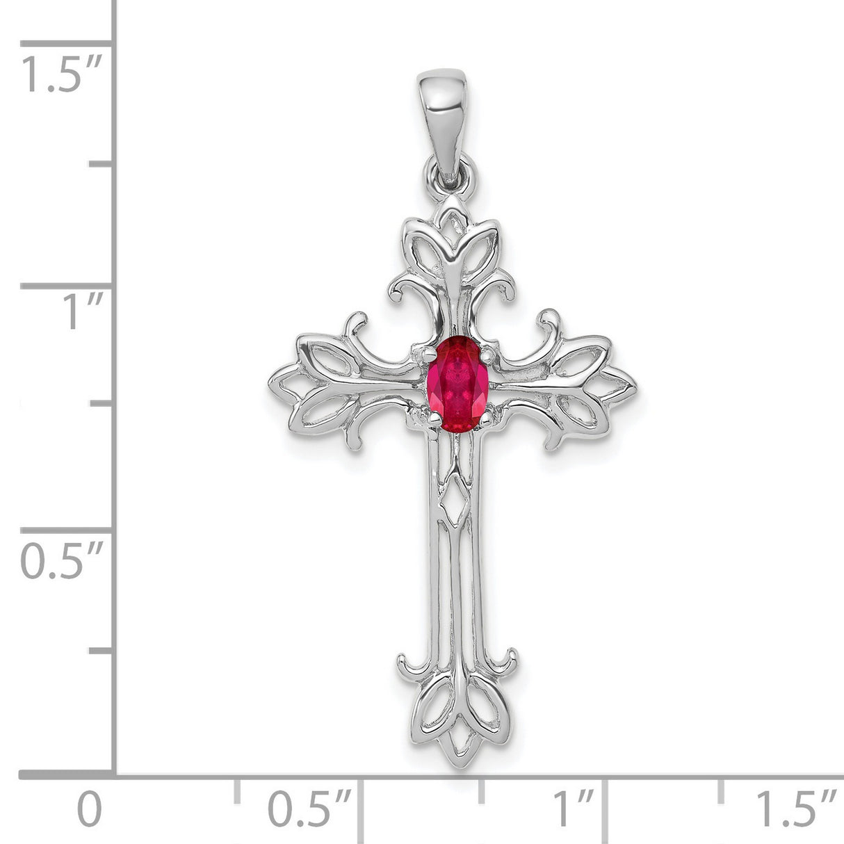 14k White Gold Cross Pendant with Oval Ruby and Filigree Design for Women