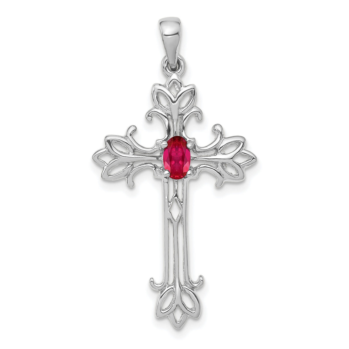 14k White Gold Cross Pendant with Oval Ruby and Filigree Design for Women