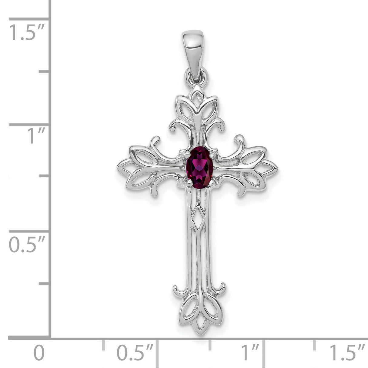 14k White Gold Cross Pendant with Rhodolite Garnet, Filigree Christian Jewelry for Women