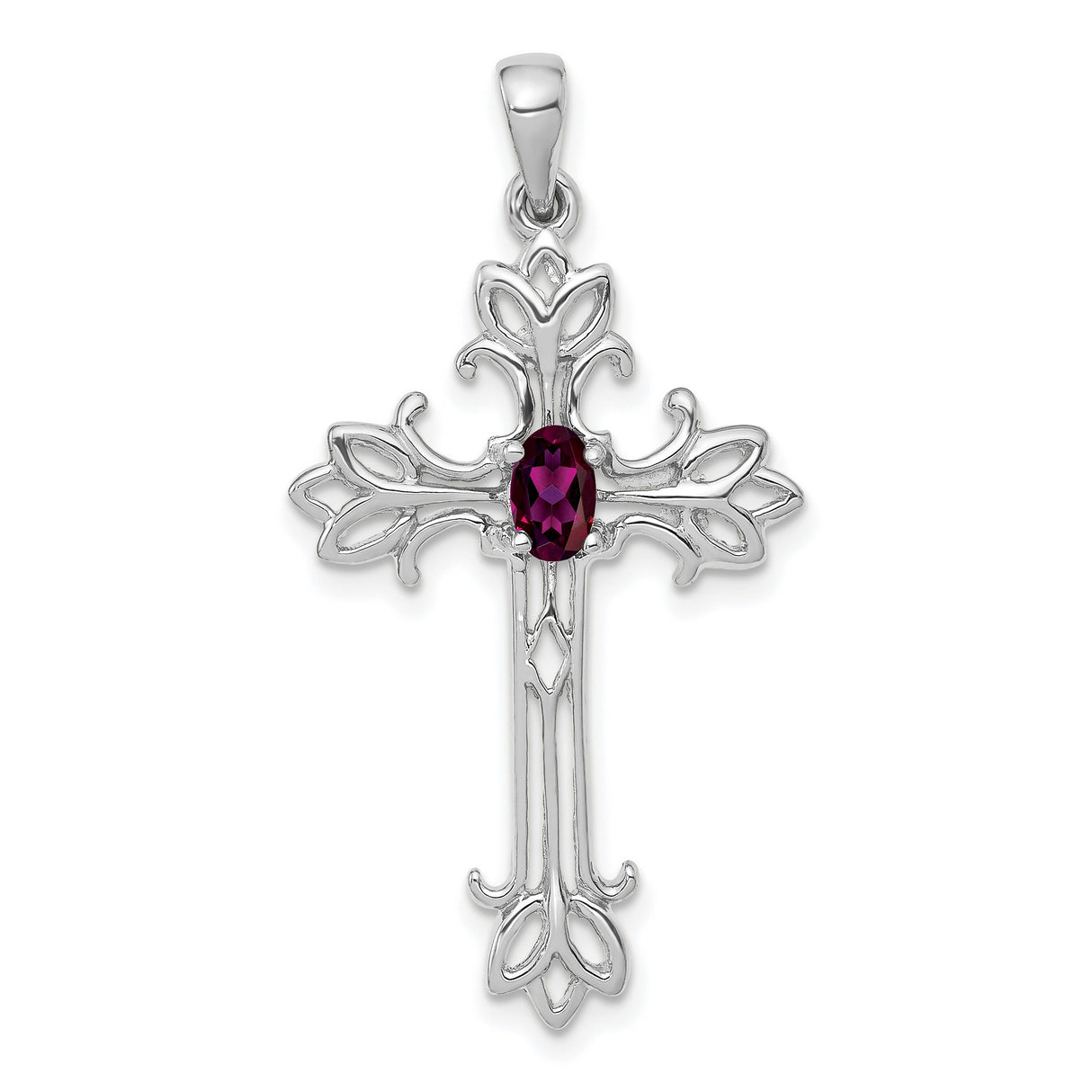 14k White Gold Cross Pendant with Rhodolite Garnet, Filigree Christian Jewelry for Women