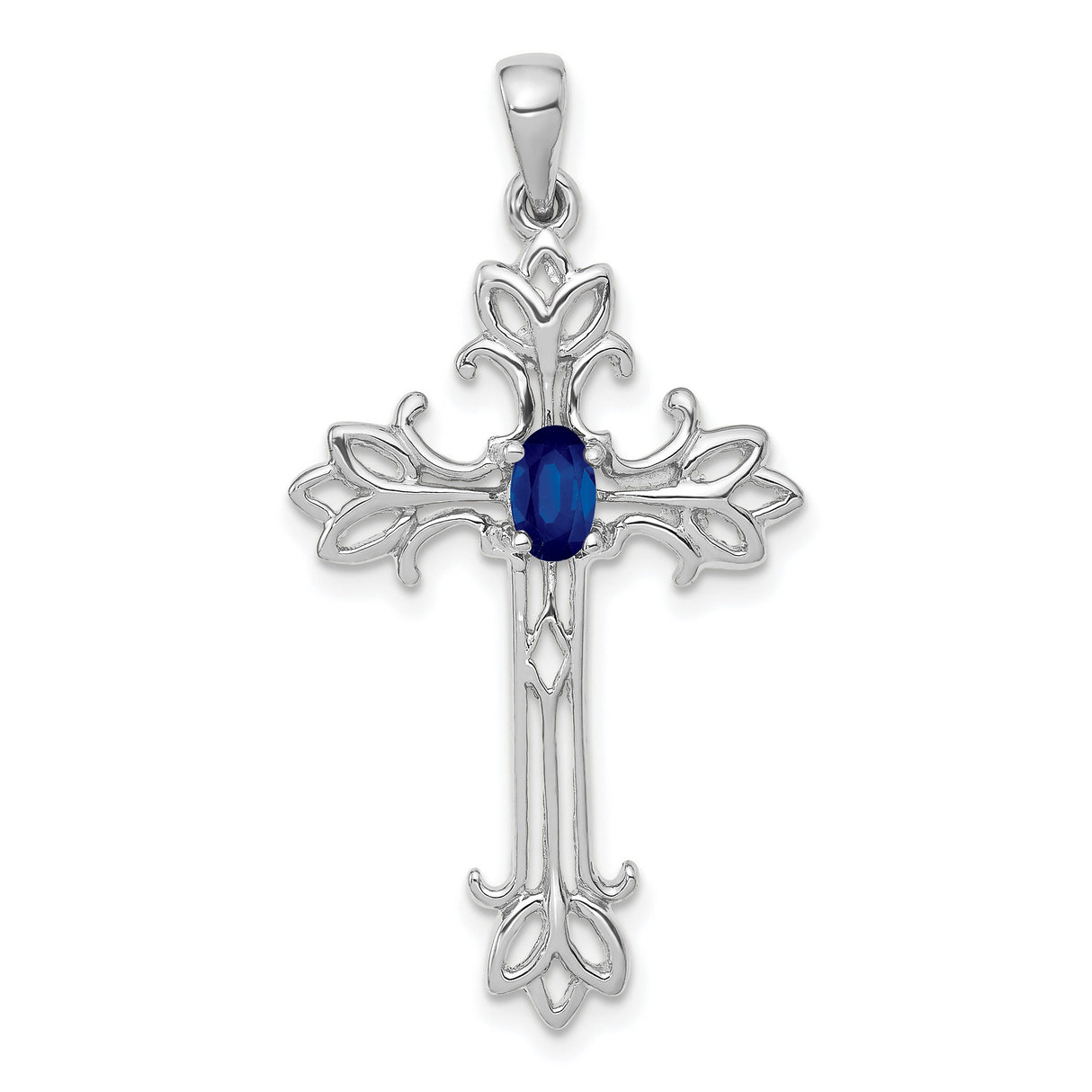 14k White Gold Cross Pendant with Sapphire Center, Filigree Design, Religious Jewelry for Women
