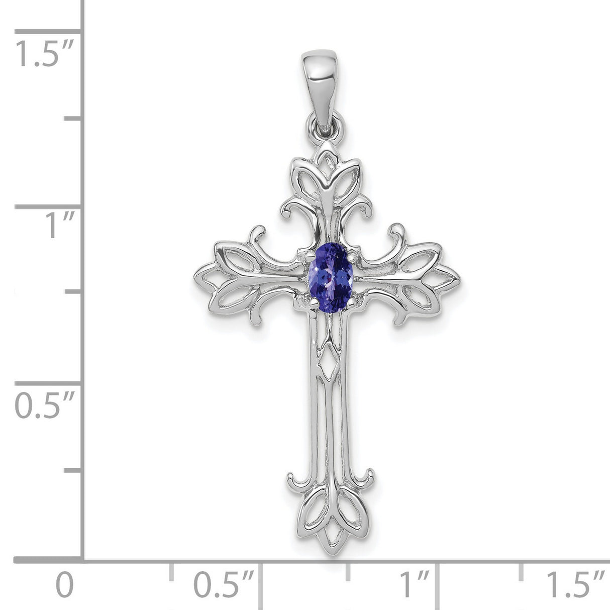 14k White Gold Cross Pendant with Tanzanite Center, Filigree Design, Religious Charm for Women