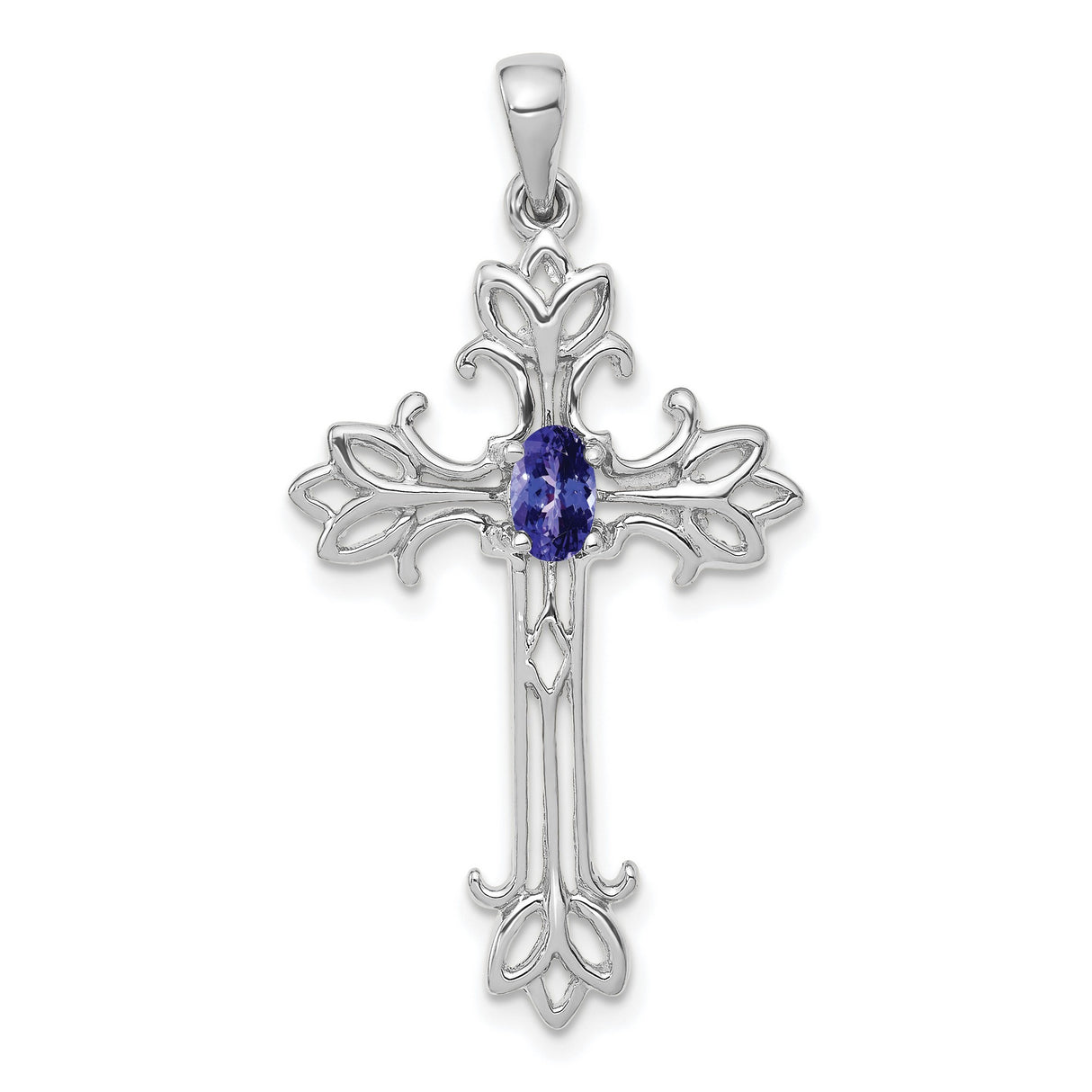 14k White Gold Cross Pendant with Tanzanite Center, Filigree Design, Religious Charm for Women