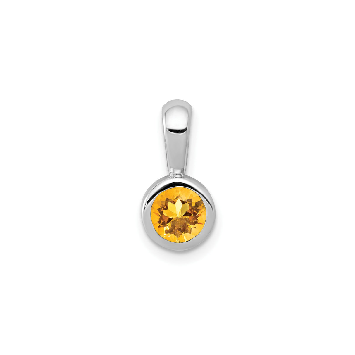 14k White Gold Citrine Pendant with Round Yellow Gemstone in Bezel Setting, Minimalist November Birthstone Charm