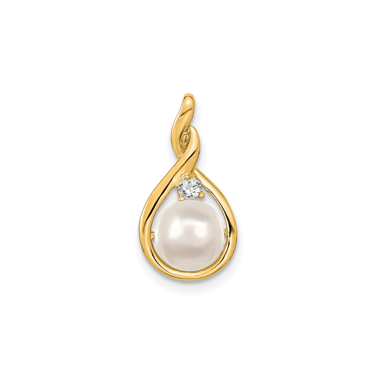 14k Yellow Gold Pendant with White Pearl and Diamond Accent, Twisted Loop Design