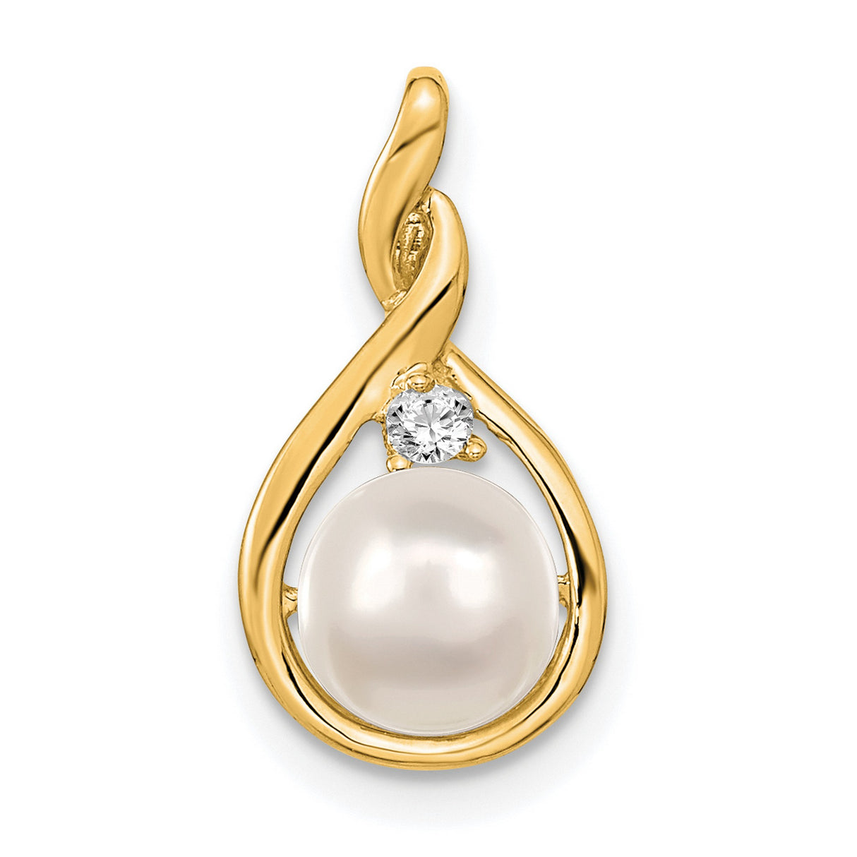 7mm White Round Freshwater Cultured Pearl A Diamond Charm Pendant in Real 14k Yellow Gold