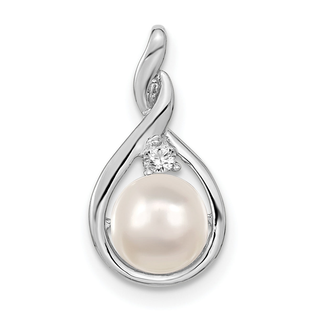 7mm White Round FW Cultured Pearl VS Diamond Charm Pendant in Real 14k White Gold