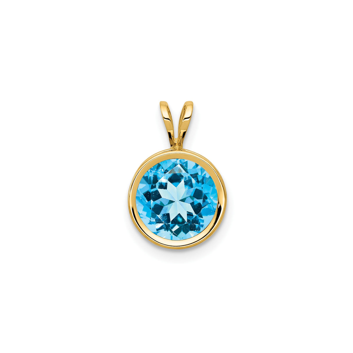 14k Yellow Gold Round Pendant with Swiss Blue Topaz Bezel Setting, Minimalist Polished Design