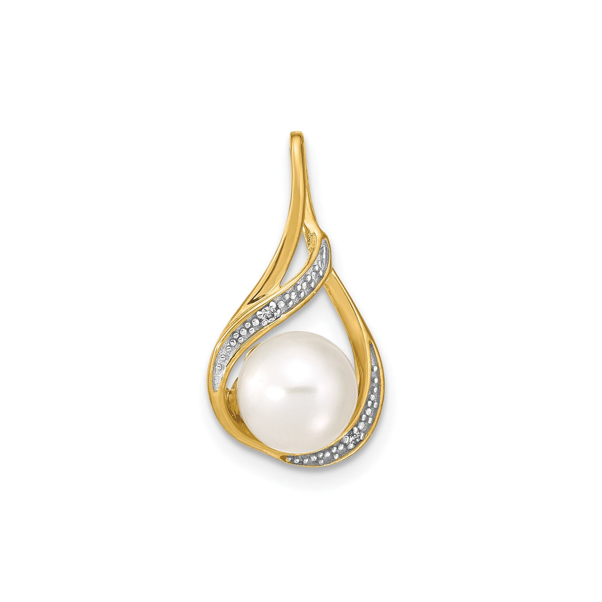 14k Yellow Gold Pearl Pendant with Diamond Accents, Teardrop Swirl Design