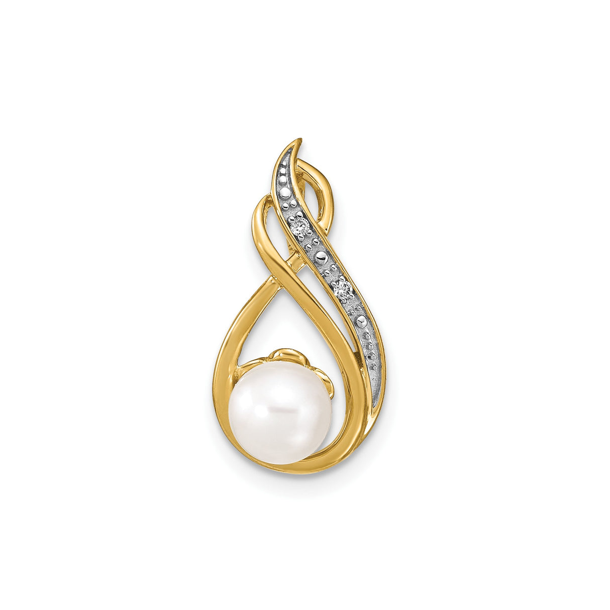 14k Yellow Gold Pendant with White Pearl and Diamond Accents, Abstract Teardrop Design