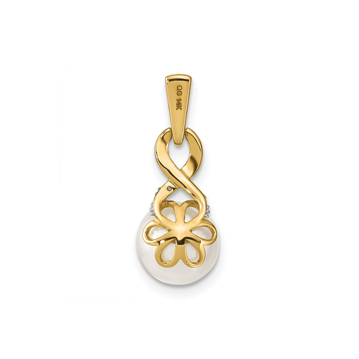 14k Yellow Gold Pendant with Cultured White Pearl, Infinity Symbol and Diamond Accents