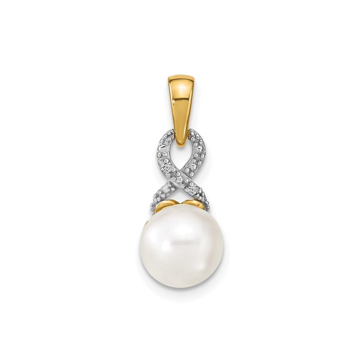 14k Yellow Gold Pendant with Cultured White Pearl, Infinity Symbol and Diamond Accents