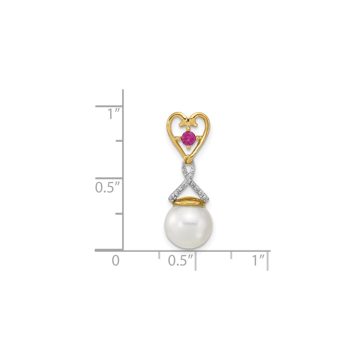 14k Yellow Gold Heart Pendant with Pink Gemstone, Diamond Accent, and Pearl Drop
