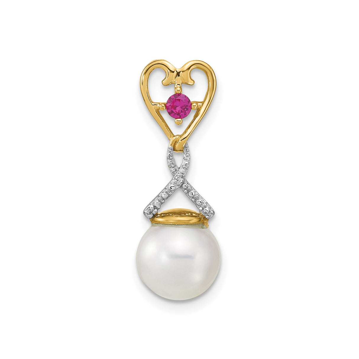 14k Yellow Gold Heart Pendant with Pink Gemstone, Diamond Accent, and Pearl Drop