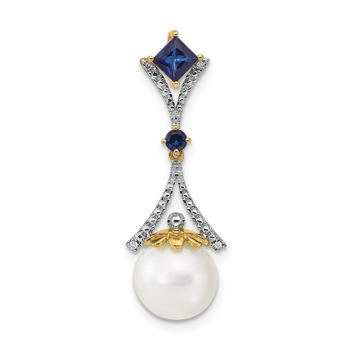 14k Yellow Gold Pendant with White Pearl Drop, Sapphire and Diamond Accent, Floral Design