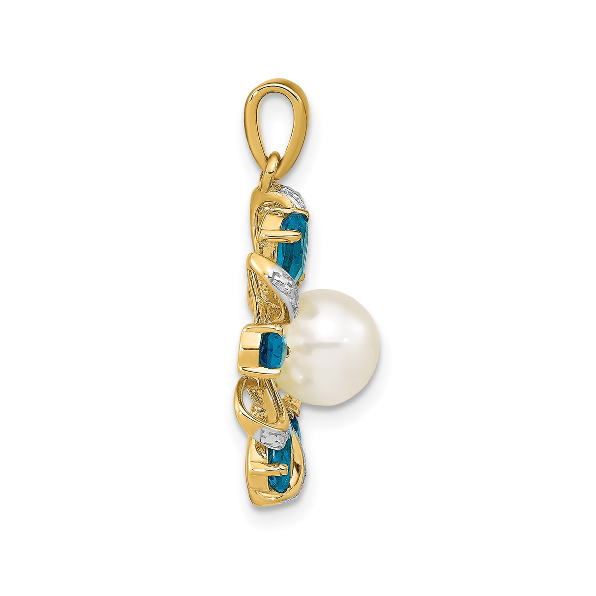 14k Yellow Gold Pendant with White Pearl, Blue Topaz Teardrop, Diamond Accents, Loop Motif