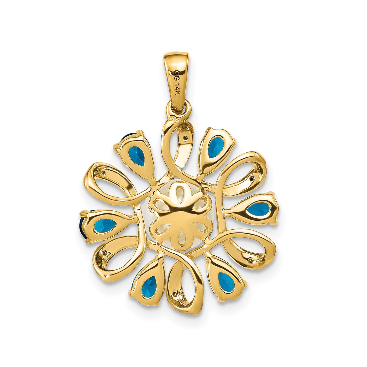 14k Yellow Gold Pendant with White Pearl, Blue Topaz Teardrop, Diamond Accents, Loop Motif