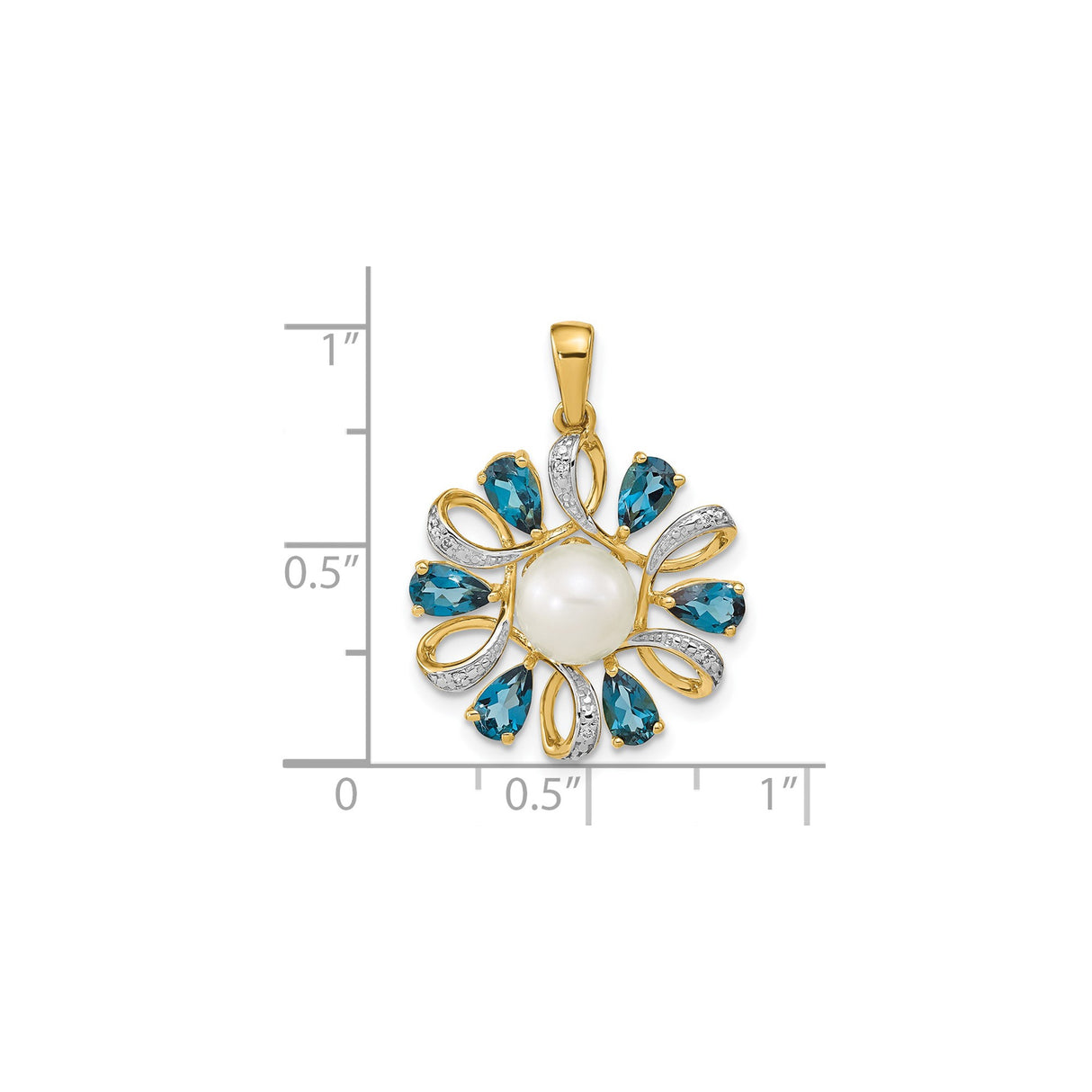 14k Yellow Gold Pendant with White Pearl, Blue Topaz Teardrop, Diamond Accents, Loop Motif