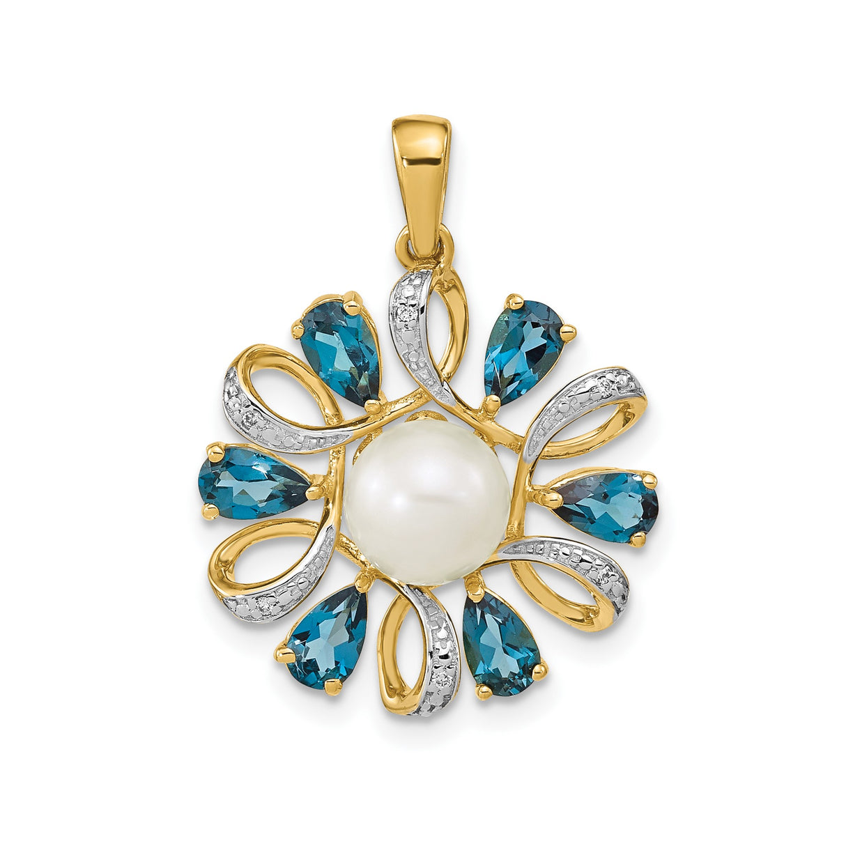 14k Yellow Gold Pendant with White Pearl, Blue Topaz Teardrop, Diamond Accents, Loop Motif