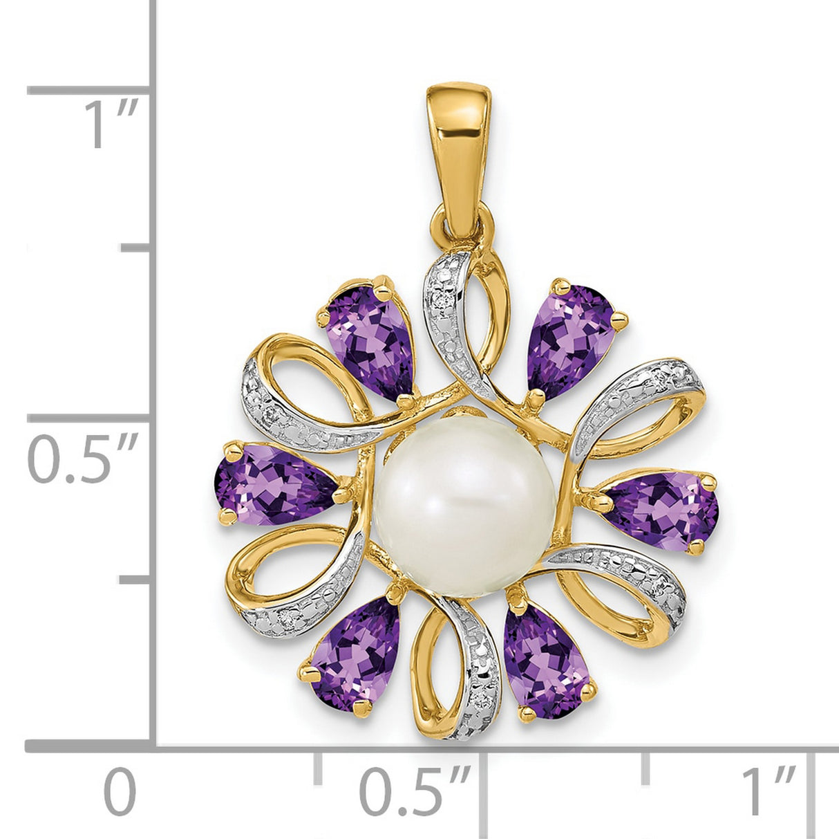14k Yellow Gold Pendant with White Pearl, Teardrop Amethysts, Diamond Accents, Floral Design