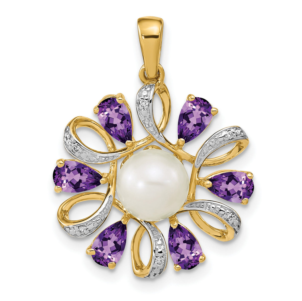 14k Yellow Gold Pendant with White Pearl, Teardrop Amethysts, Diamond Accents, Floral Design