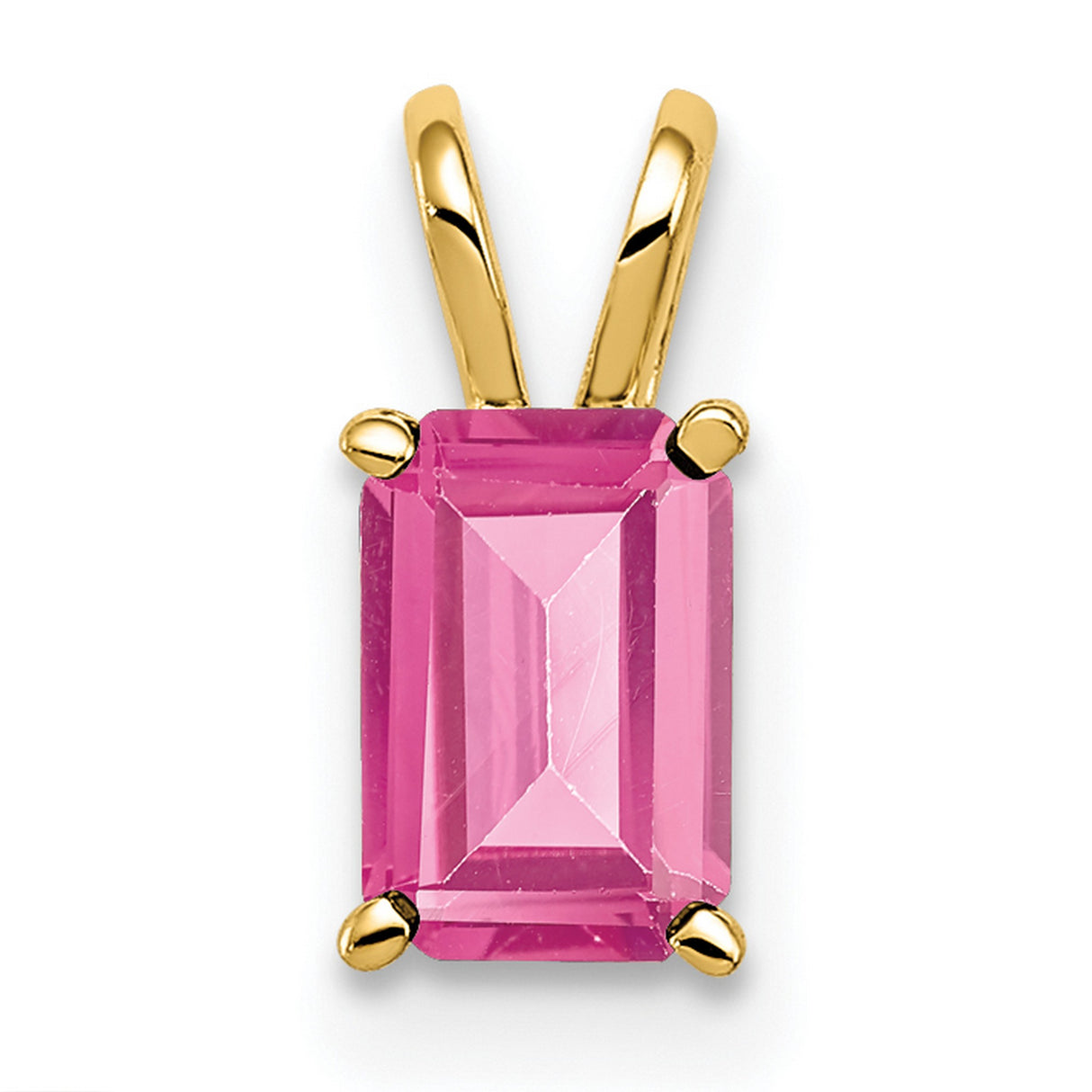 14k Yellow Gold Pendant with Pink Tourmaline, Emerald Cut, Prong Setting, October Birthstone