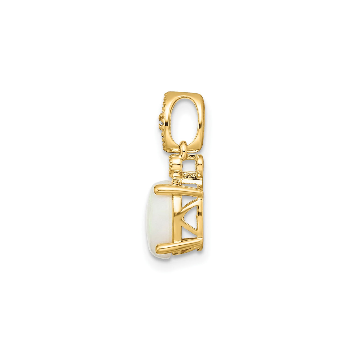 14k Yellow Gold Pendant with Oval White Opal and Diamond Accents, Marquise Shaped Design