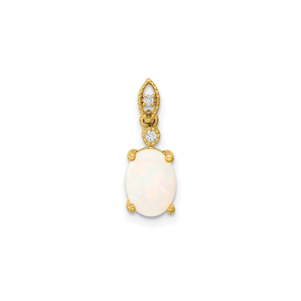 14k Yellow Gold Pendant with Oval White Opal and Diamond Accents, Marquise Shaped Design