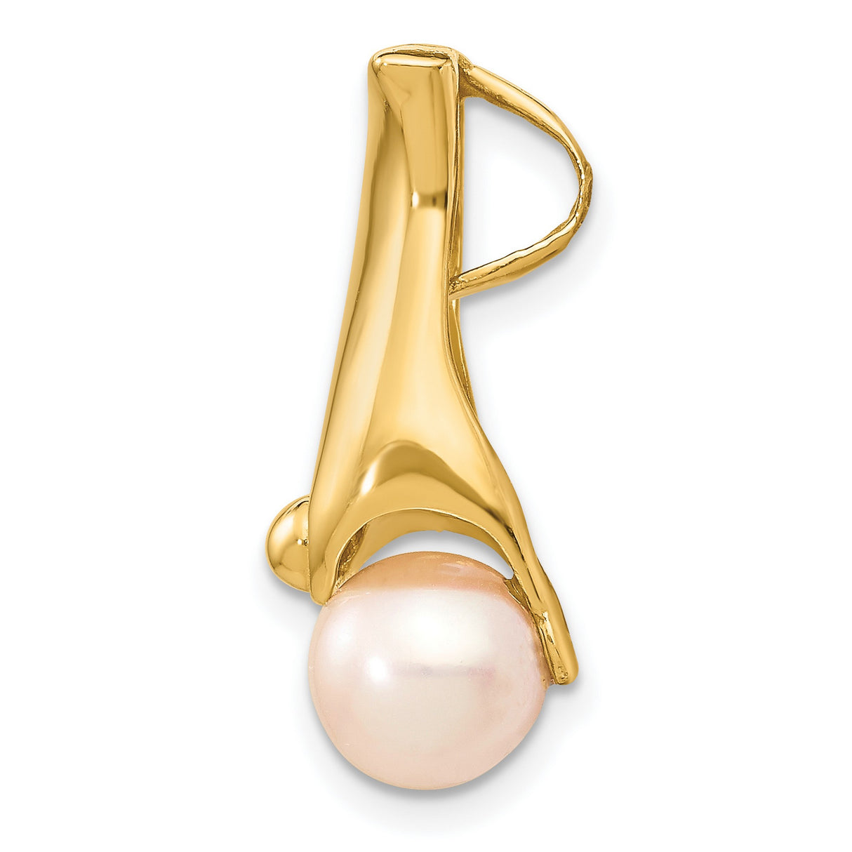 14k Yellow Gold Pendant with Round White Cultured Freshwater Pearl, Abstract Curved Design