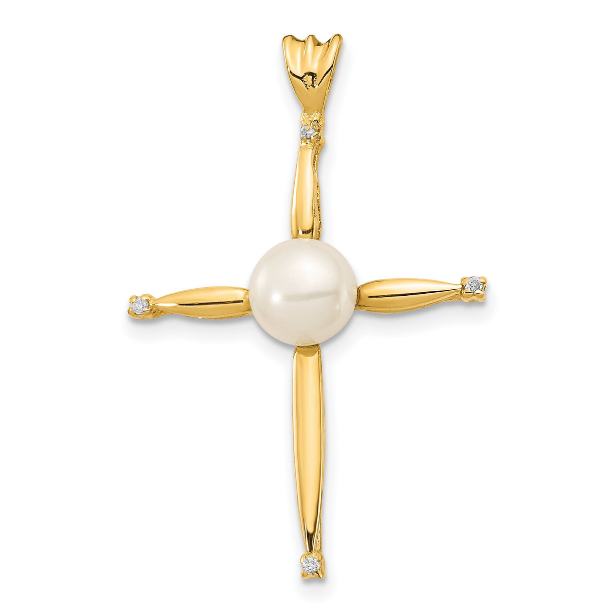 14k Yellow Gold Cross Pendant with White Pearl and Diamond Accents, Christian Faith Jewelry for Women