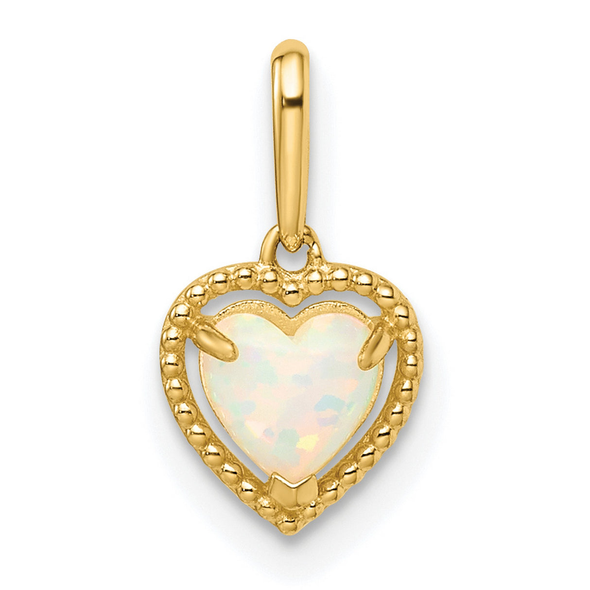 14k Yellow Gold Heart Pendant with Lab Created Opal, Beaded Frame Design