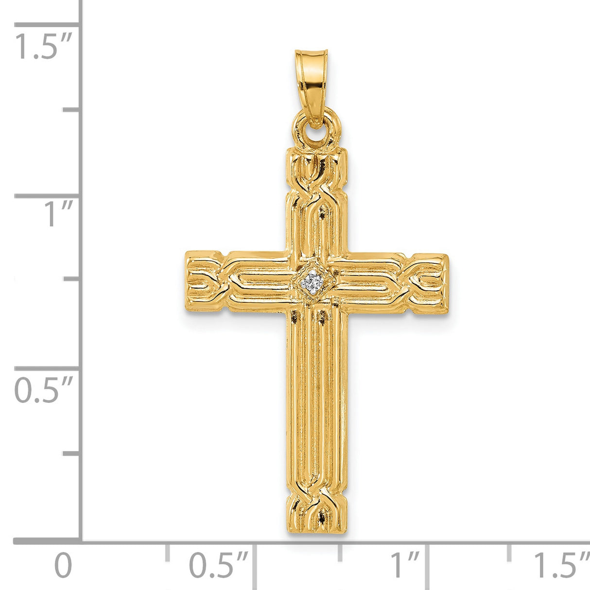14k Yellow Gold Cross Pendant with Diamond Accent, Textured Religious Christian Charm for Men or Unisex