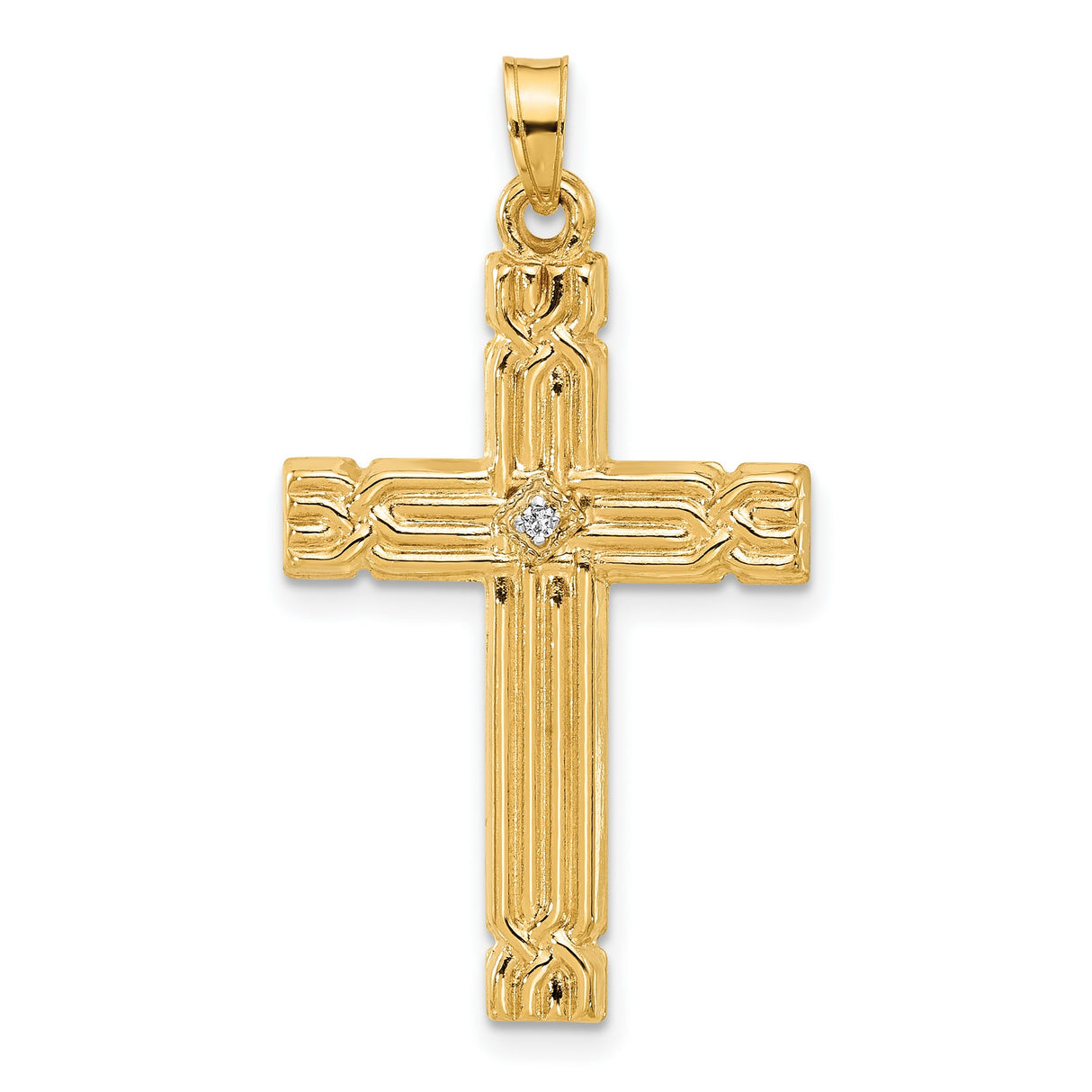 14k Yellow Gold Cross Pendant with Diamond Accent, Textured Religious Christian Charm for Men or Unisex