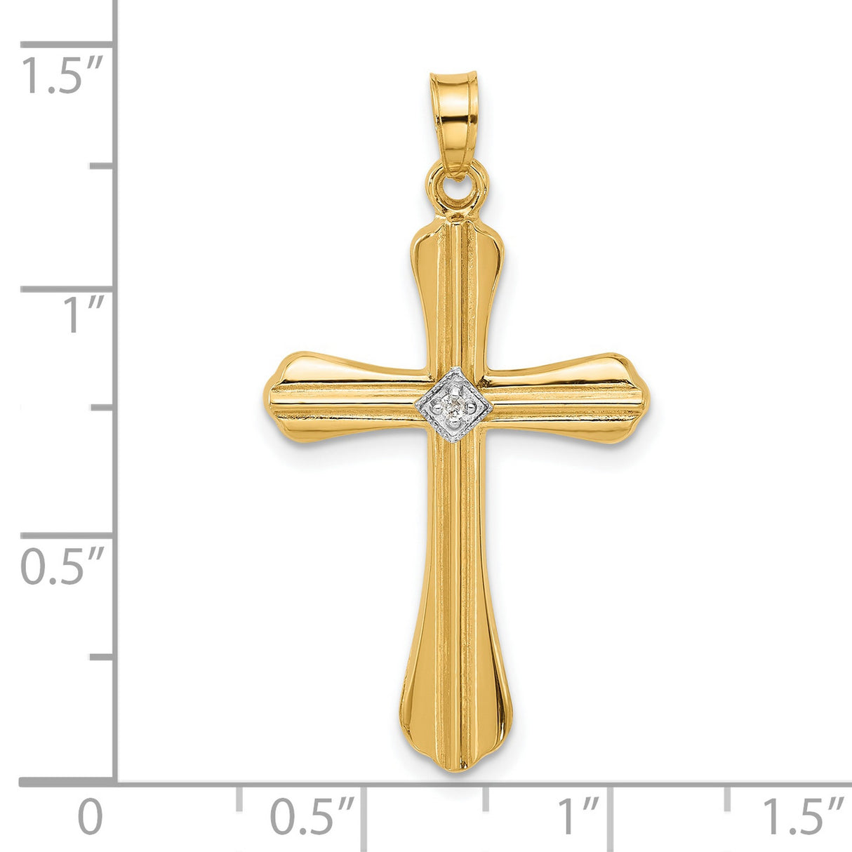 14k Yellow Gold Cross Pendant with Flared Design and White Gold Diamond Center
