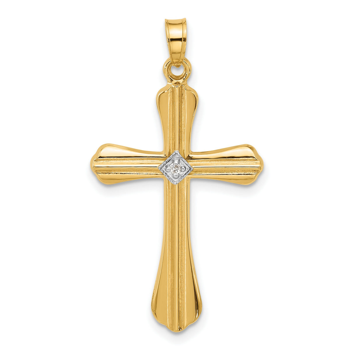 14k Yellow Gold Cross Pendant with Flared Design and White Gold Diamond Center