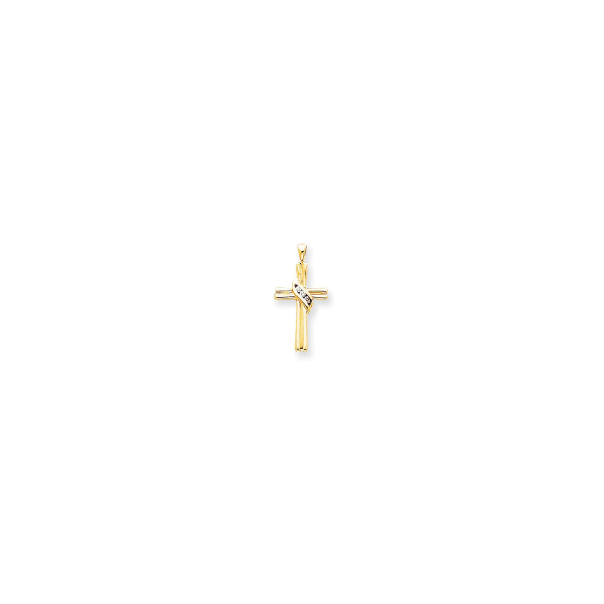14k Yellow Gold Cross Pendant with Diamond Ribbon Accent, Polished Layered Christian Charm