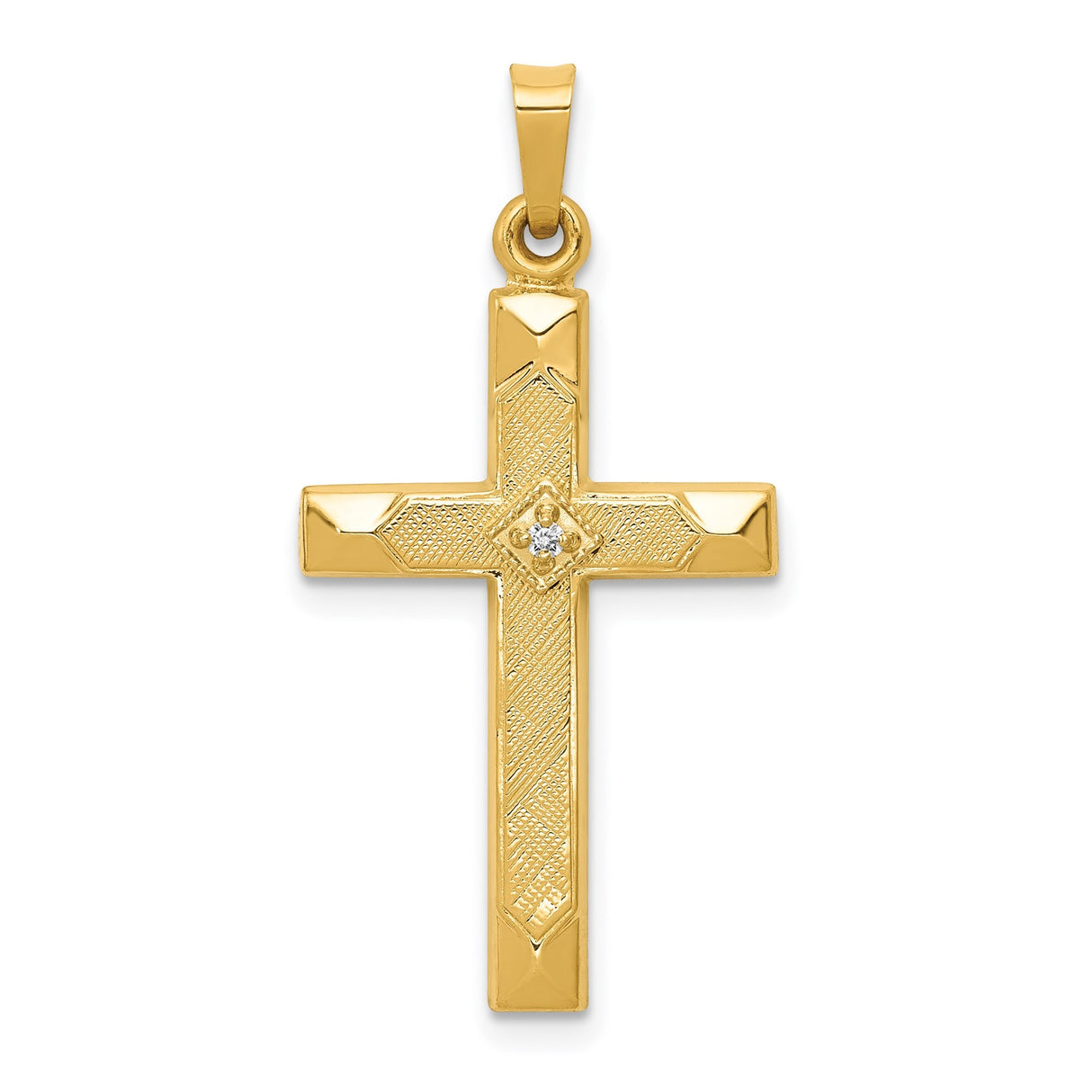 14k Yellow Gold Cross Pendant with Diamond Accent, Textured Christian Charm for Women