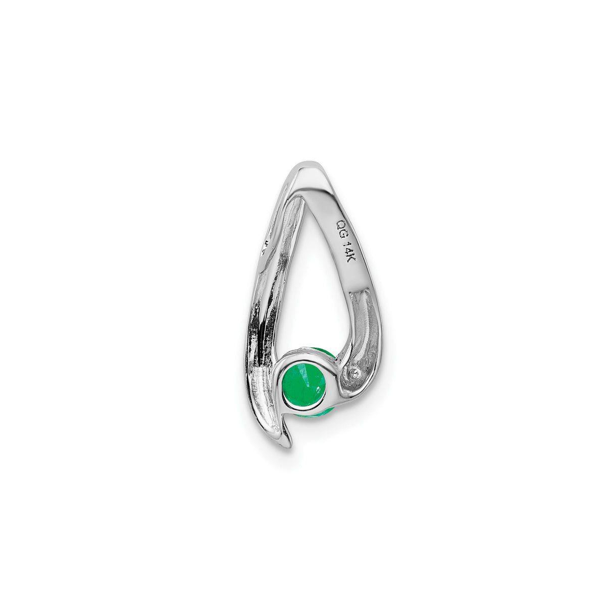 14k White Gold Pendant with Round Emerald, Open Teardrop Design, Modern Minimalist Style