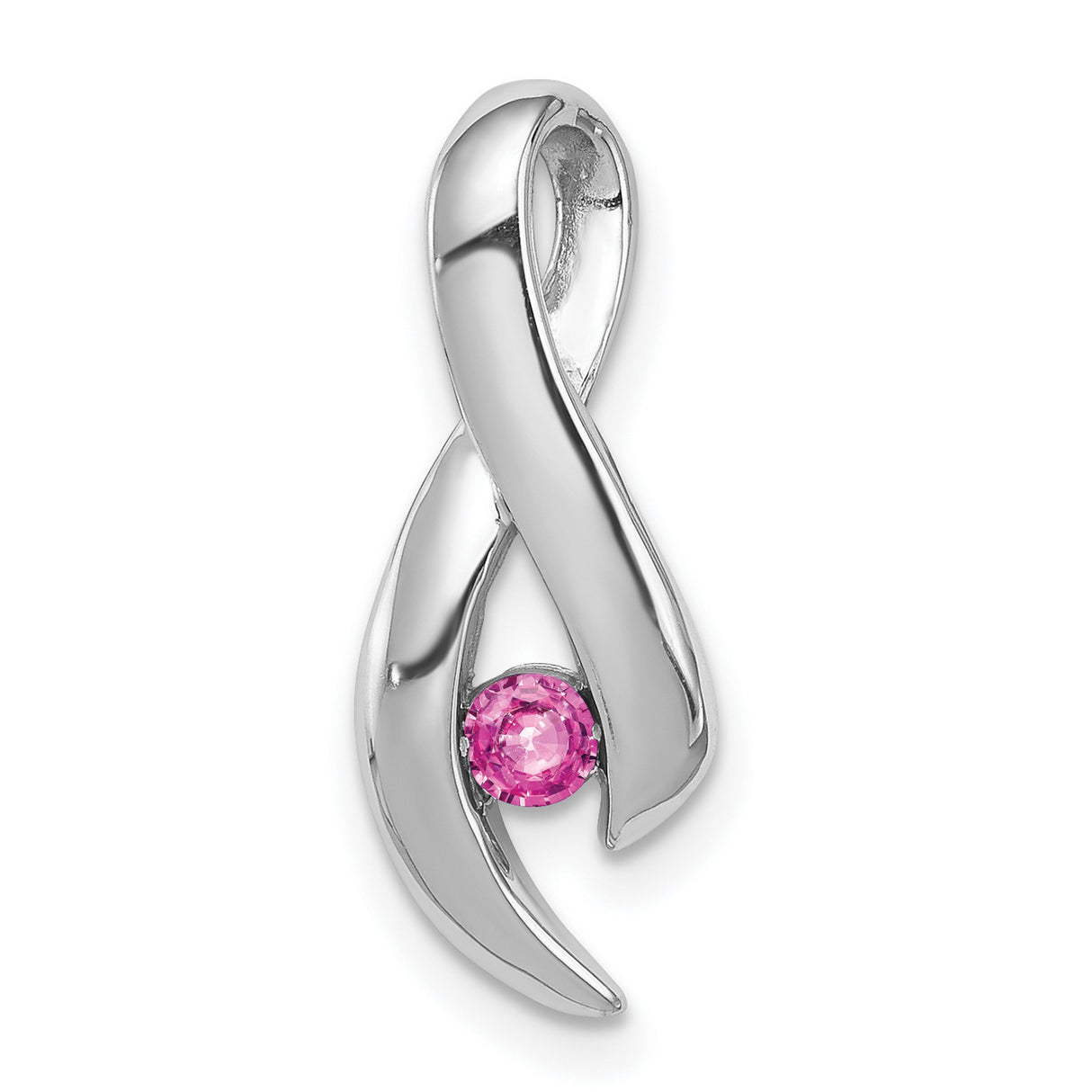 14k White Gold Ribbon Pendant with Pink Sapphire, Breast Cancer Awareness Charm for Women