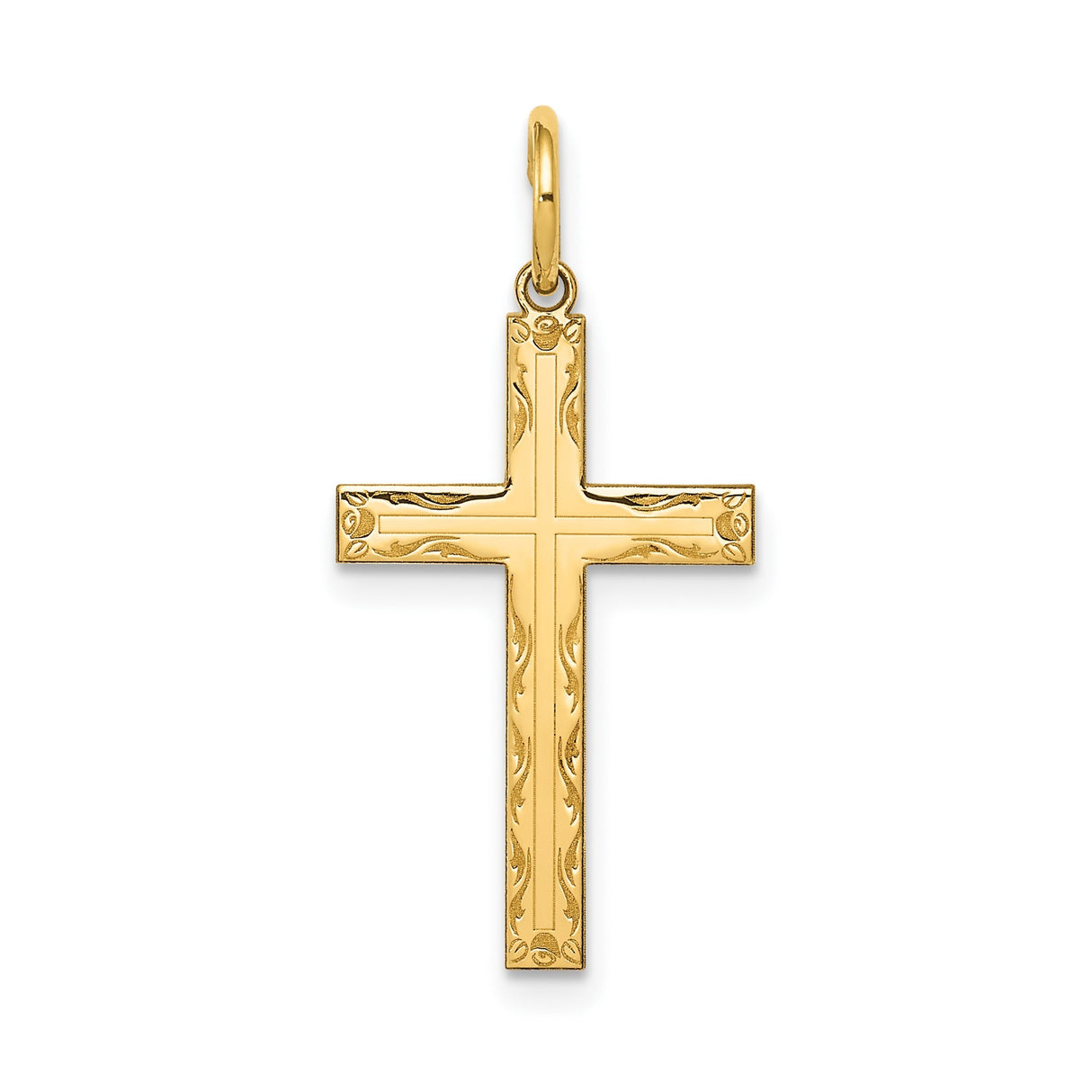 14k Yellow Gold Cross Pendant with Floral Detail, Christian Symbol for Women or Unisex