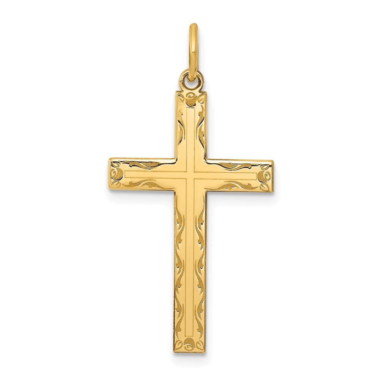 14k Yellow Gold Cross Pendant with Scroll Engraving, Christian Religious Jewelry for Women or Unisex Wear