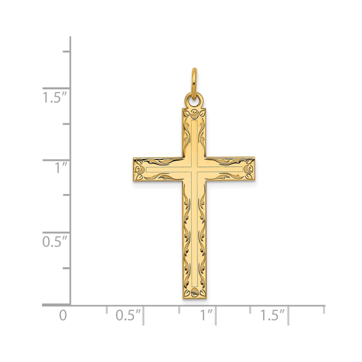 14k Yellow Gold Cross Pendant with Floral Border, Polished Christian Faith Jewelry for Women